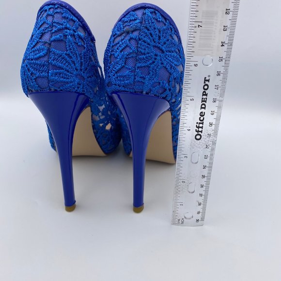 FSJ Blue Lace Satin Peep Toe Bridal Heels Platform - Picture 7 of 9